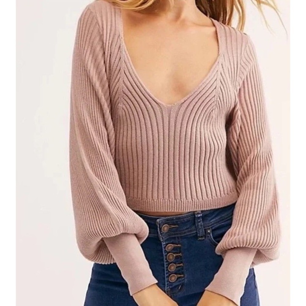 FREE PEOPLE Prosecco Mauve Pink Ribbed Sweater M Balloon Sleeve